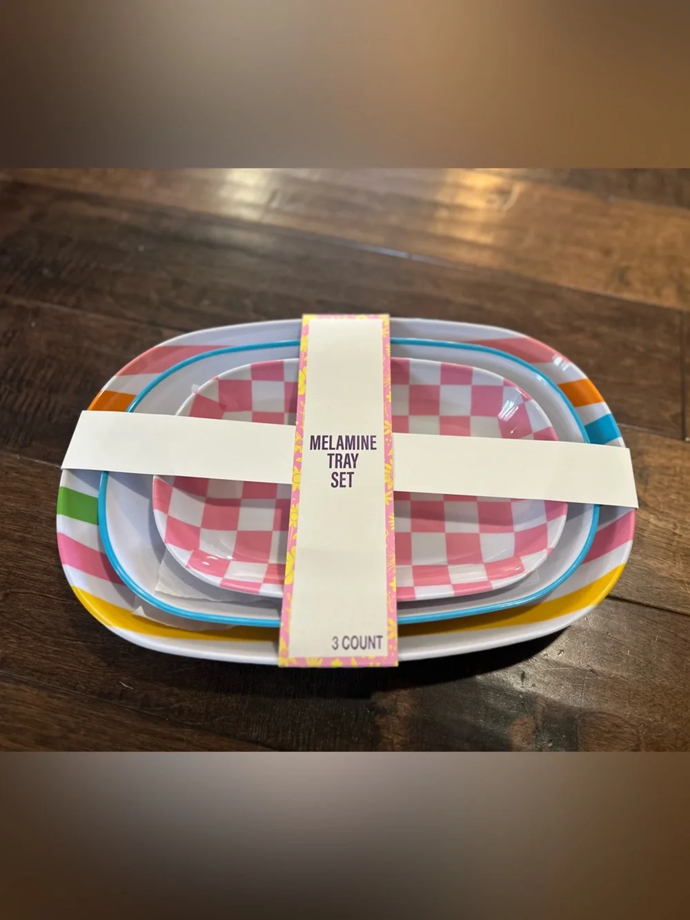 Melamine Tray Set - Pink Checker & Multicolor Stripe